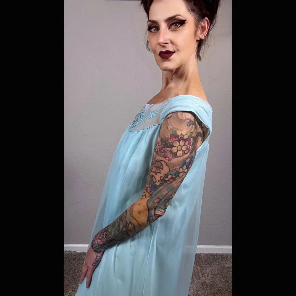 60s Bright Blue Babydoll Double Layer Lingerie Embroidered Floral Mod Pinup M L - Picture 11 of 15